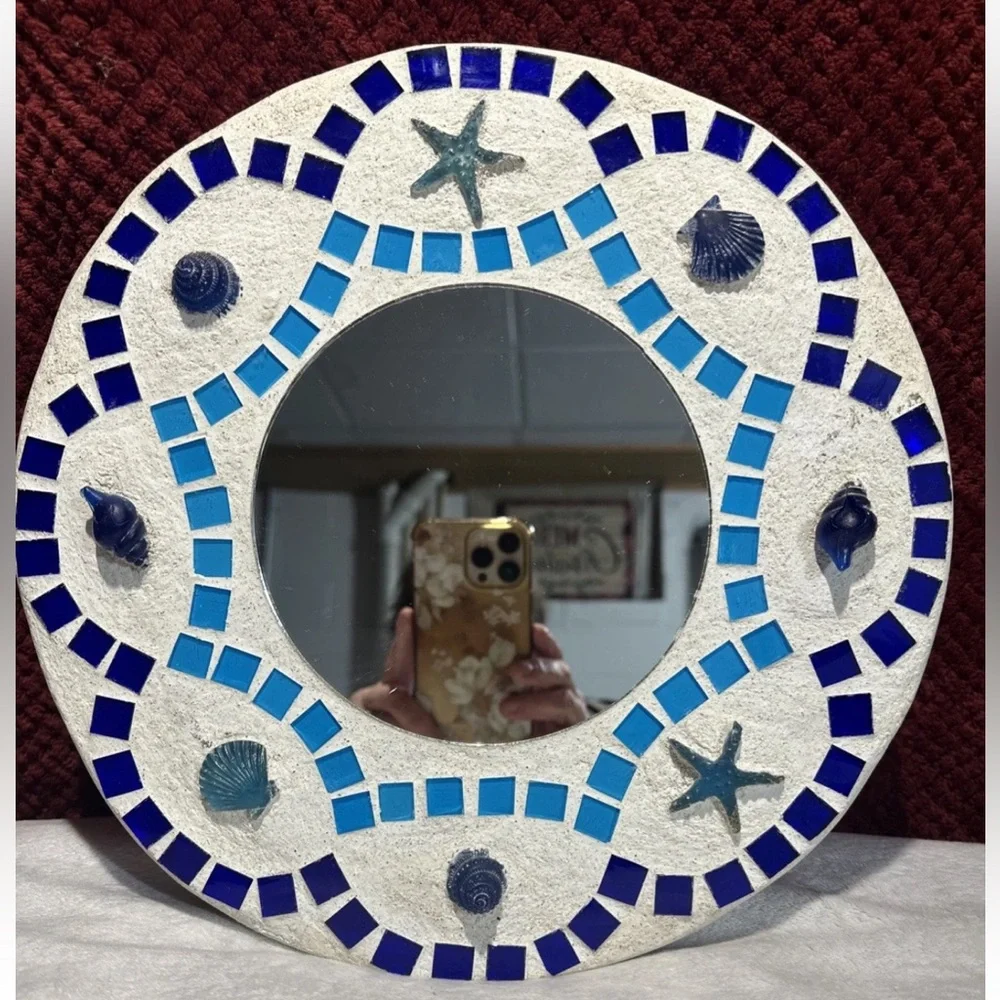 Coastal Mosaic Mirror Seashell Starfish Blue Tile Beach Decor Round Wall Art 12”